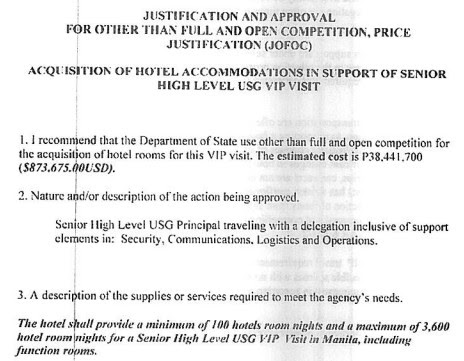 Hotel and Vehicles for 24-Hour Obama Philippines Visit: $1.1 Million