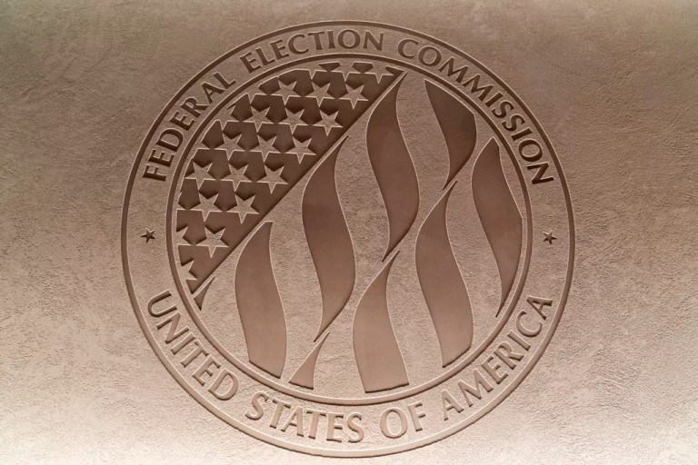 The Federal Election Commission emblem is seen at the FEC headquarters in Washington, Aug. 10, 2023.